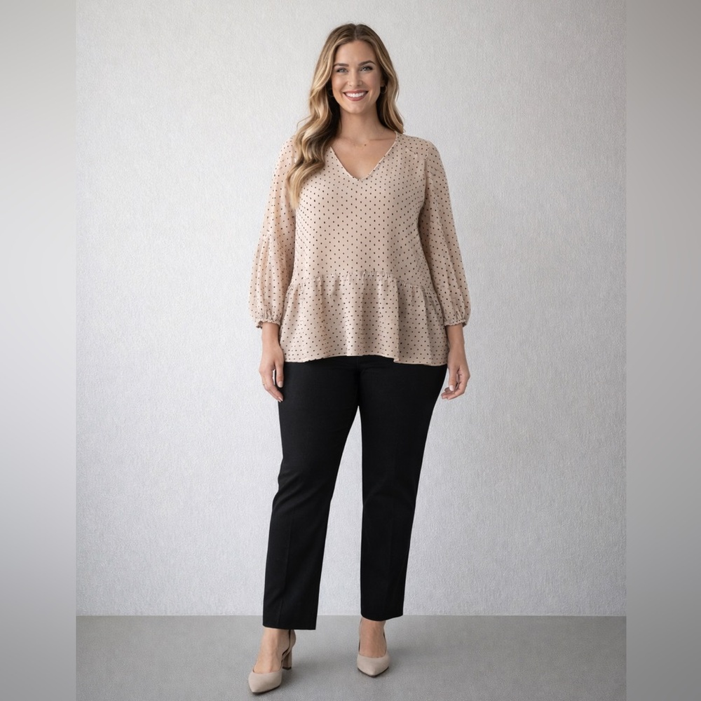 Maurices Beige Textured Polka Dot Peplum Blouse | Size Large | Business Casual